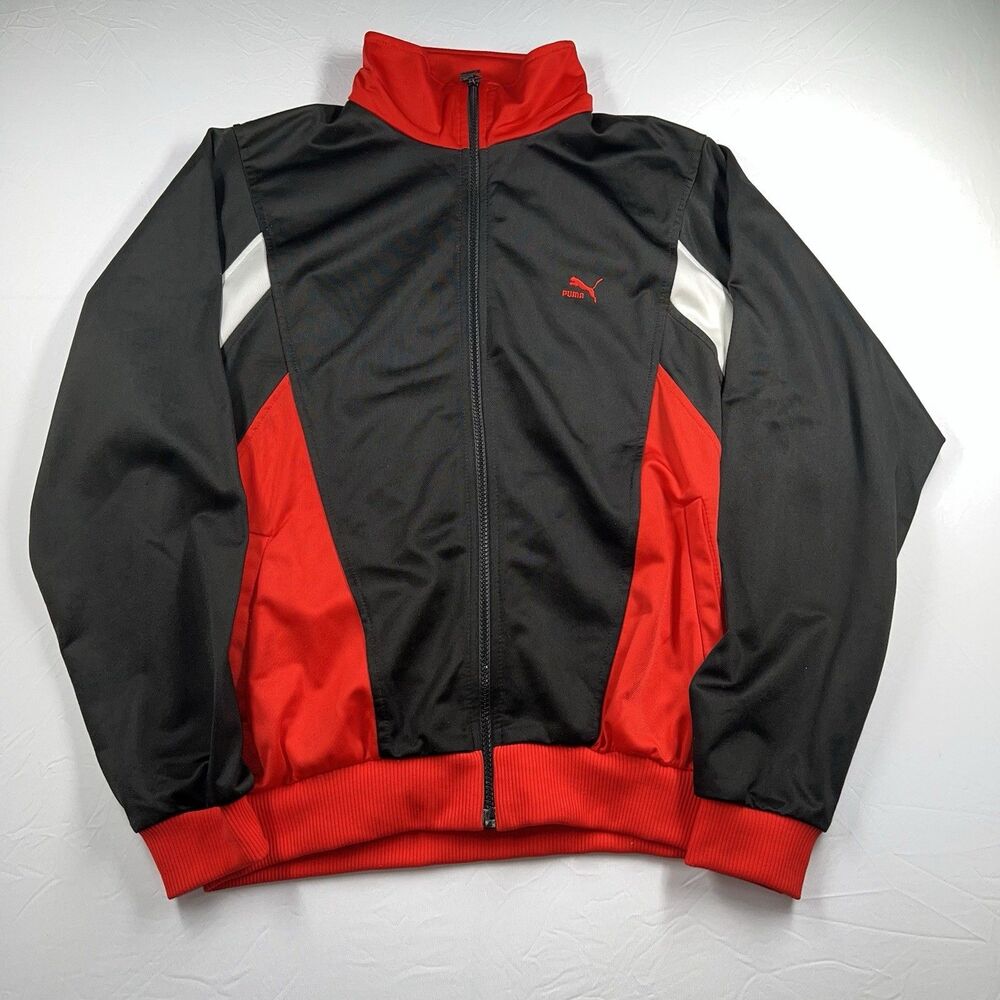 Vintage Puma Jacket Men’s Size Large Red White Black Full Zip Logo Jersey